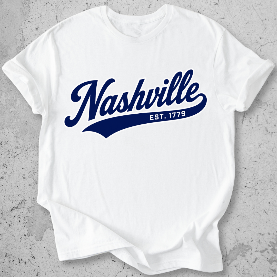 Nashville sporty t-shirt White  script Est 1779 collegiate graphic tee
