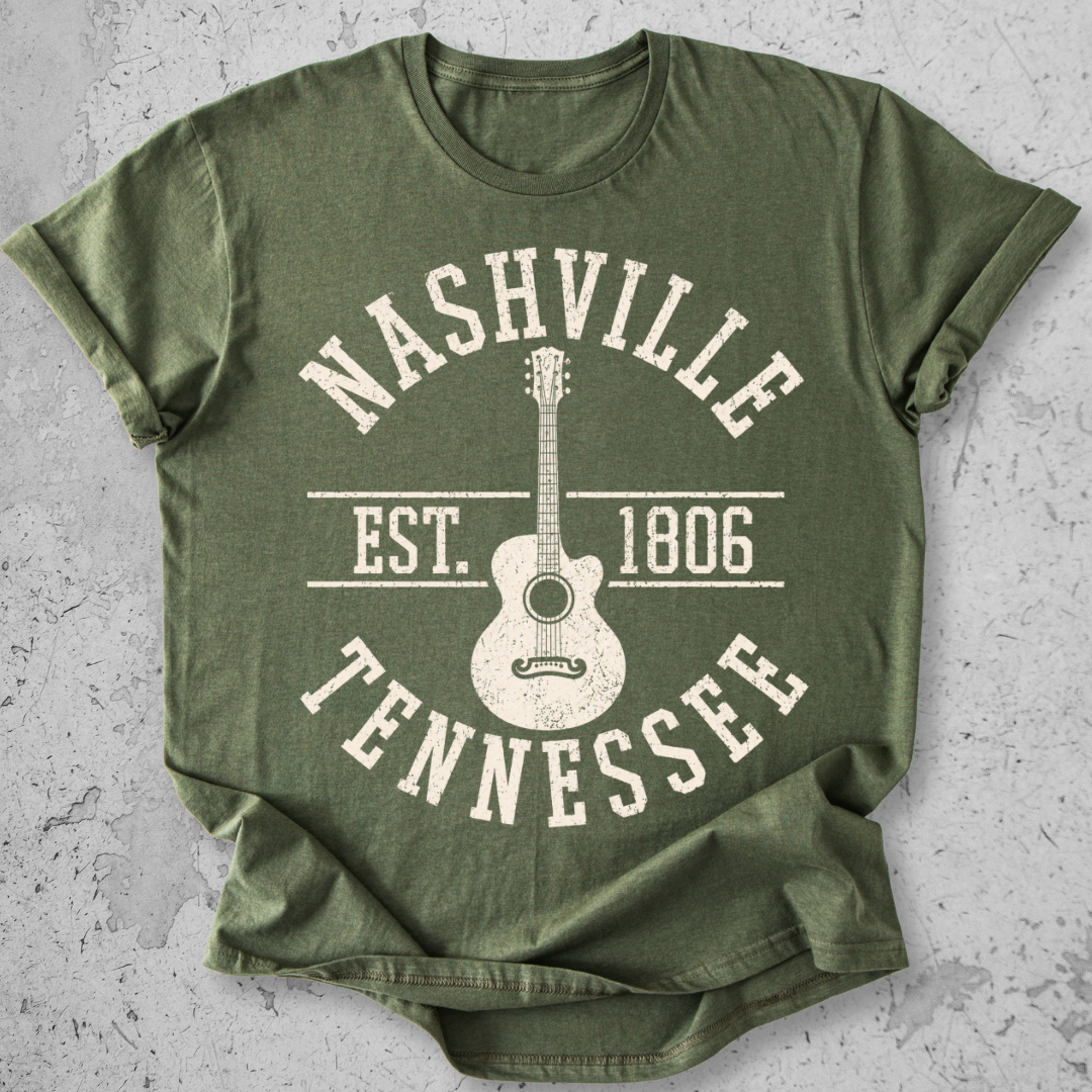 Nashville Tennessee Est 1806 t-shirt military green  vintage collegiate guitar graphic tee