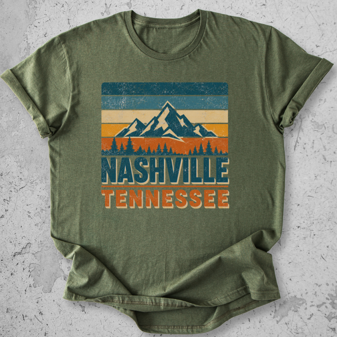 Nashville Tennessee retro t-shirt olive green vintage mountain stripe graphic tee