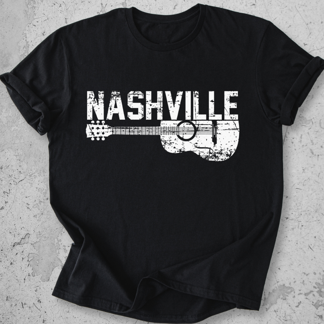 Nashville guitar t-shirt light black distressed acoustic guitar graphic tee music city
