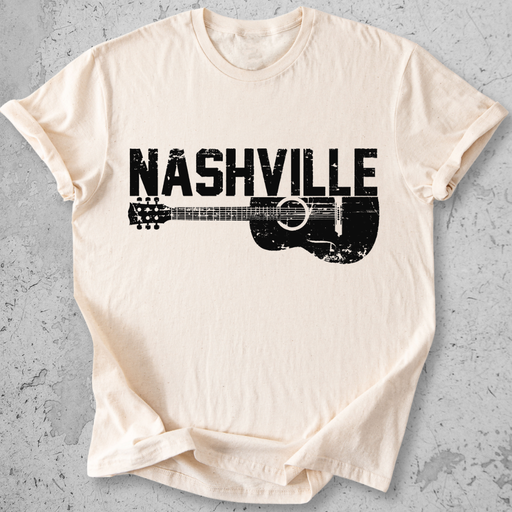 Nashville guitar t-shirt cream distressed acoustic guitar graphic tee music city