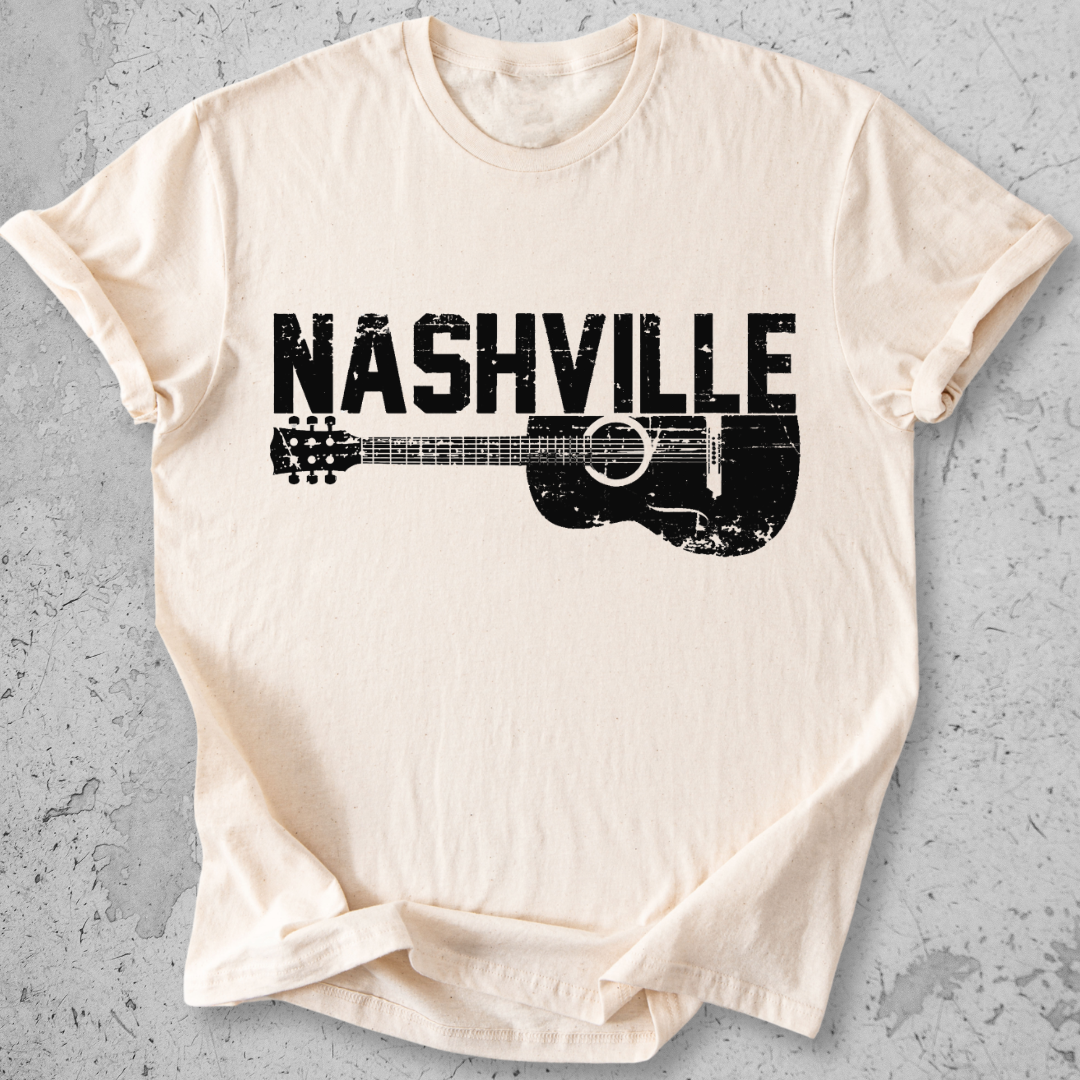 Nashville guitar t-shirt cream distressed acoustic guitar graphic tee music city