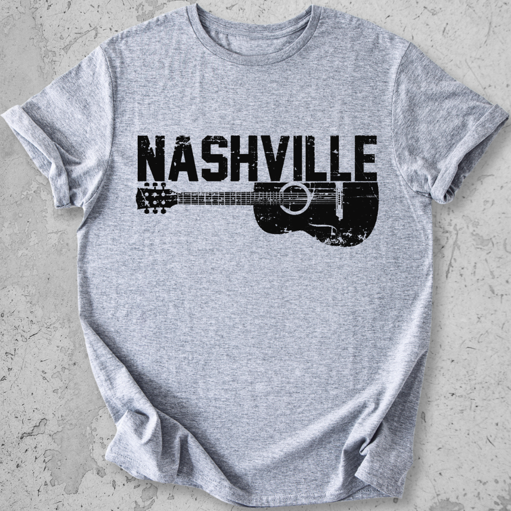 Nashville guitar t-shirt light grey distressed acoustic guitar graphic tee music city