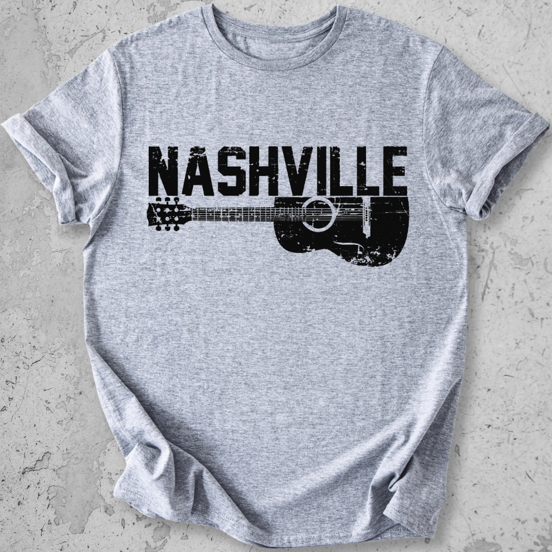 Nashville guitar t-shirt light grey distressed acoustic guitar graphic tee music city