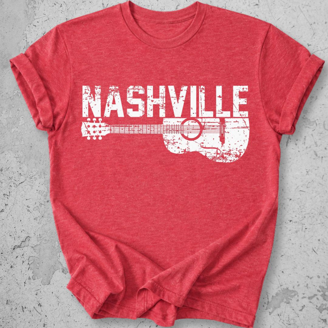 Nashville guitar t-shirt red distressed acoustic guitar graphic tee music city