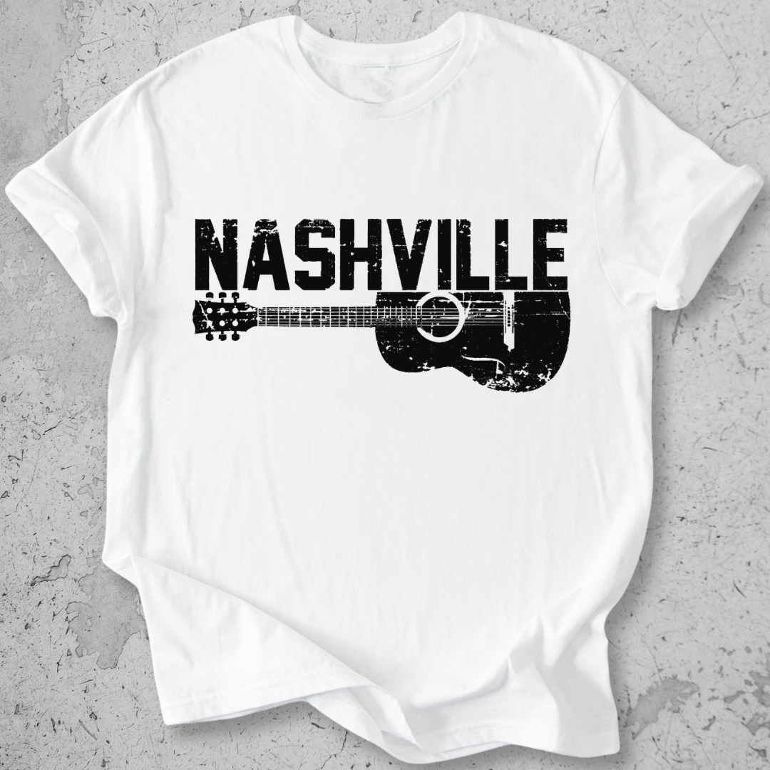 Nashville guitar t-shirt white distressed acoustic guitar graphic tee music city