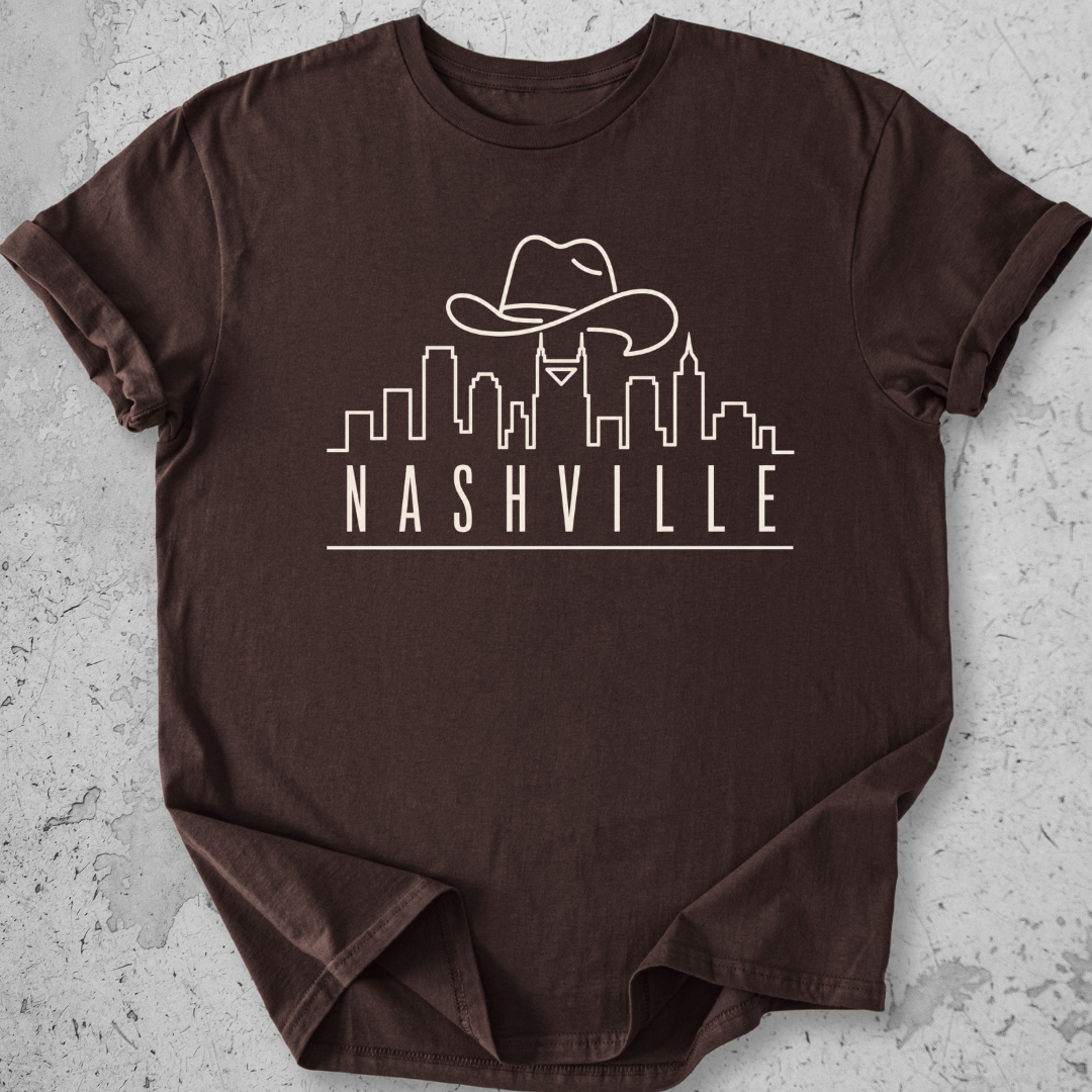 Nashville skyline t-shirt brown cowboy hat city graphic tee Tennessee