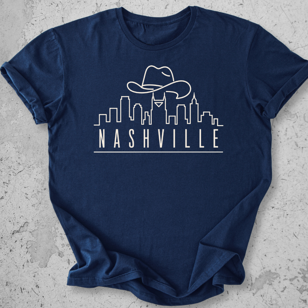 Nashville skyline t-shirt navy cowboy hat city graphic tee Tennessee
