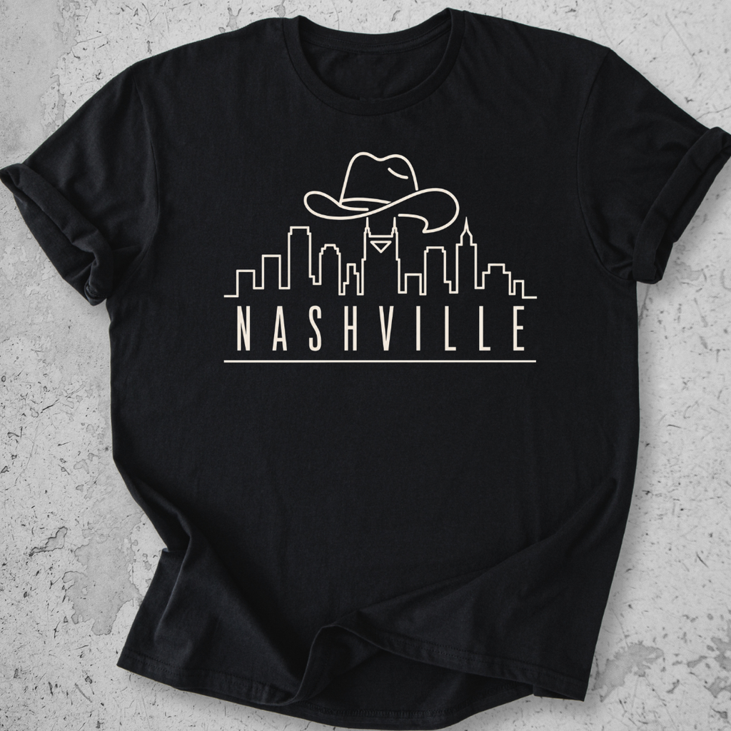 Nashville skyline t-shirt sports black  cowboy hat city graphic tee Tennessee