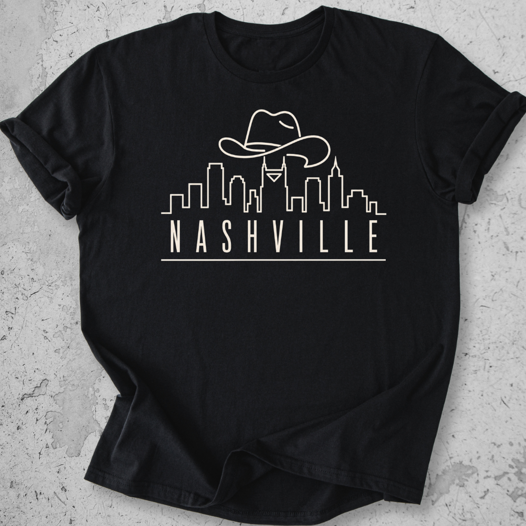 Nashville skyline t-shirt sports black  cowboy hat city graphic tee Tennessee
