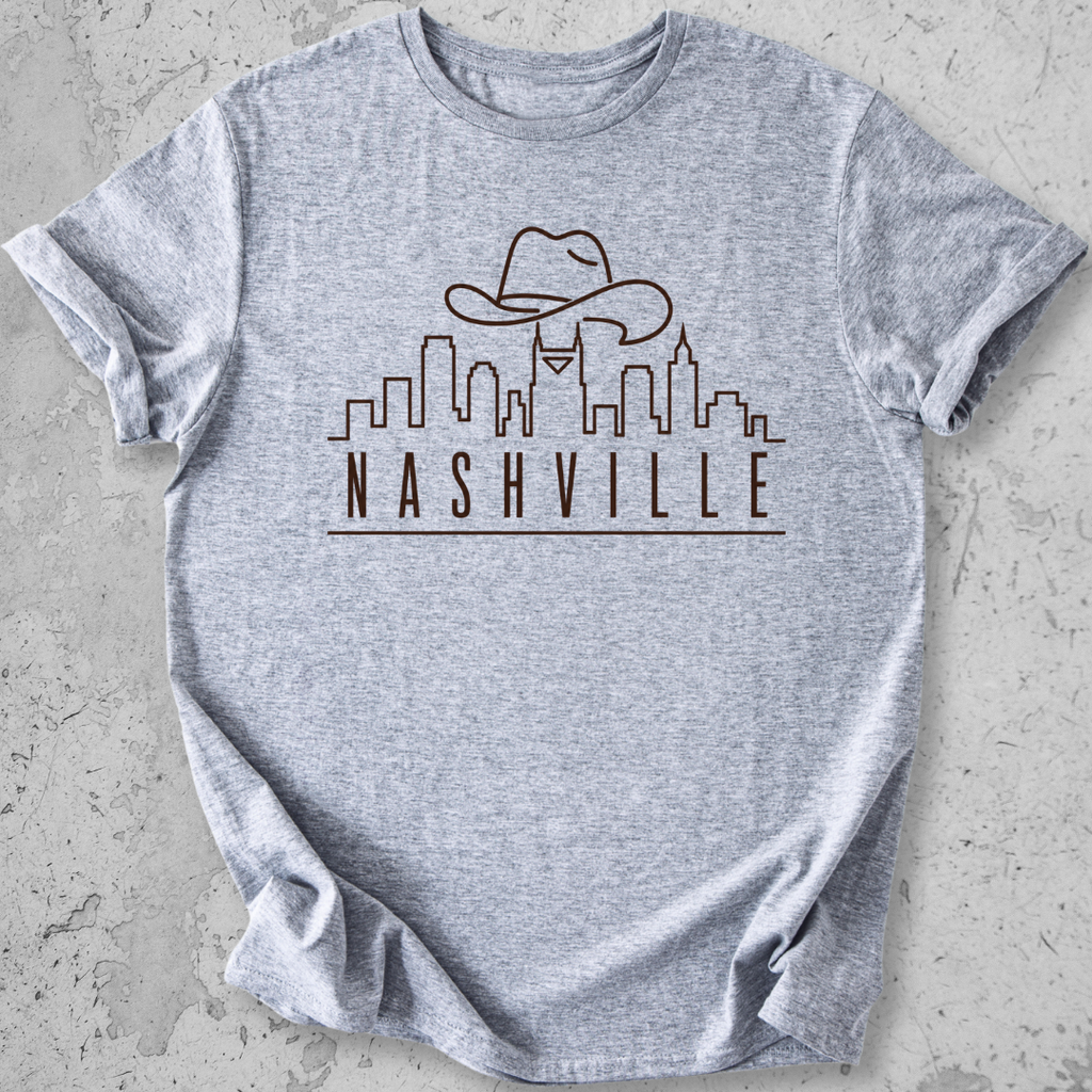 Nashville skyline t-shirt sports grey cowboy hat city graphic tee Tennessee