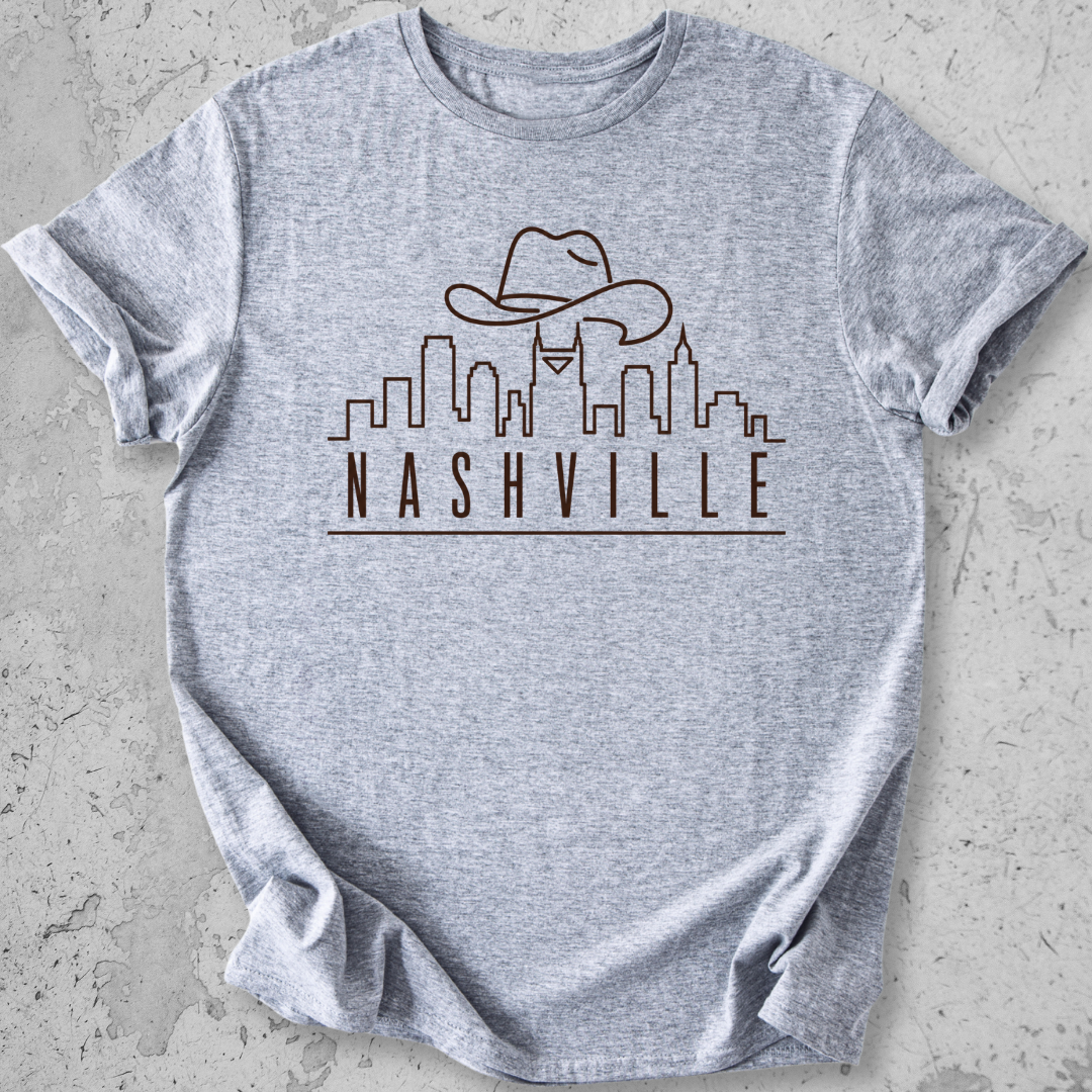 Nashville skyline t-shirt sports grey cowboy hat city graphic tee Tennessee