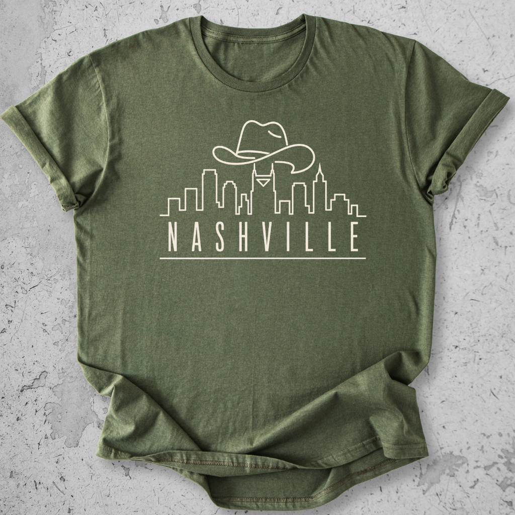 Nashville skyline t-shirt sports military green  cowboy hat city graphic tee Tennessee