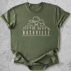 Nashville skyline t-shirt sports military green  cowboy hat city graphic tee Tennessee