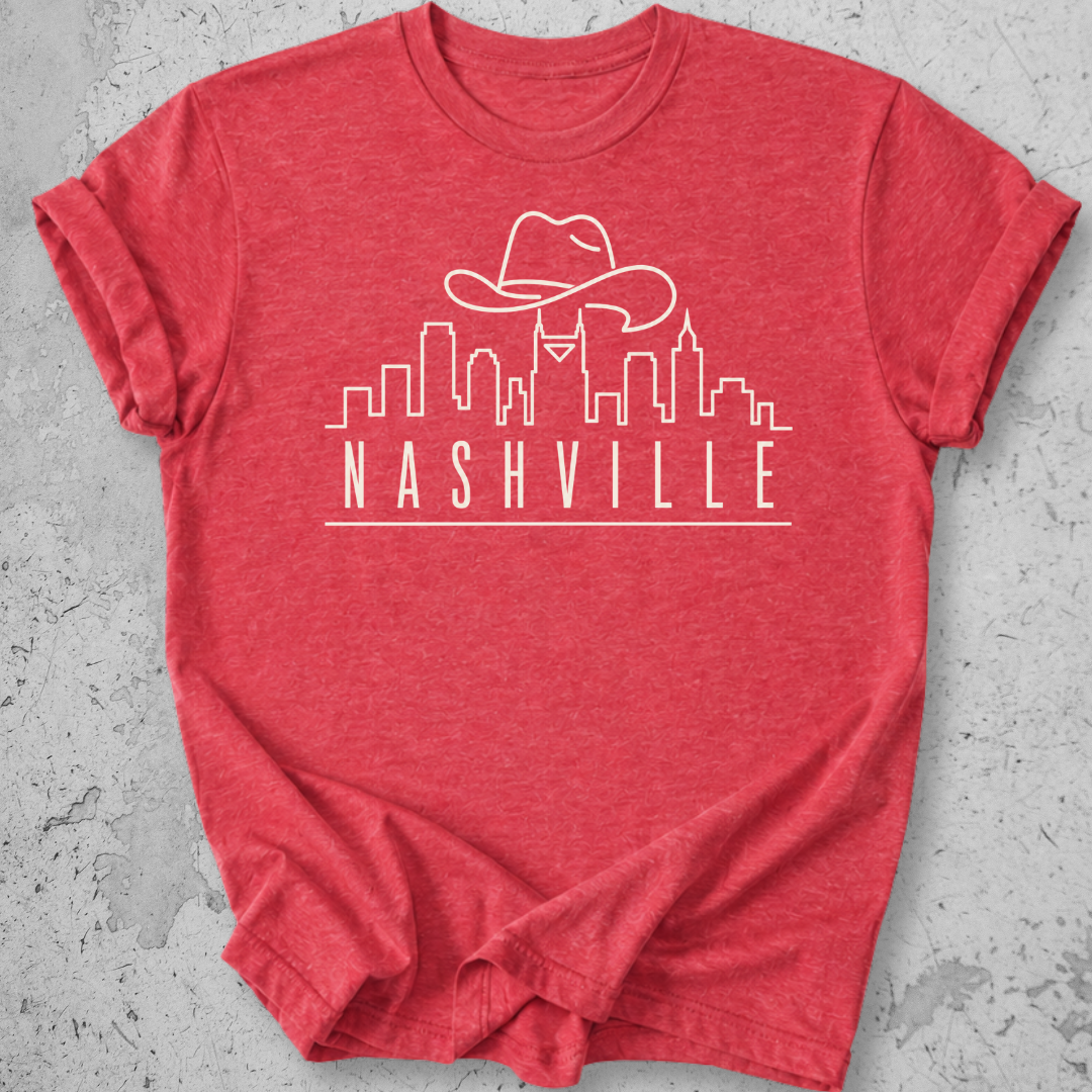 Nashville skyline t-shirt sports red cowboy hat city graphic tee Tennessee