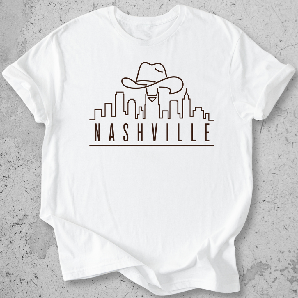 Nashville skyline t-shirt sports white  cowboy hat city graphic tee Tennessee