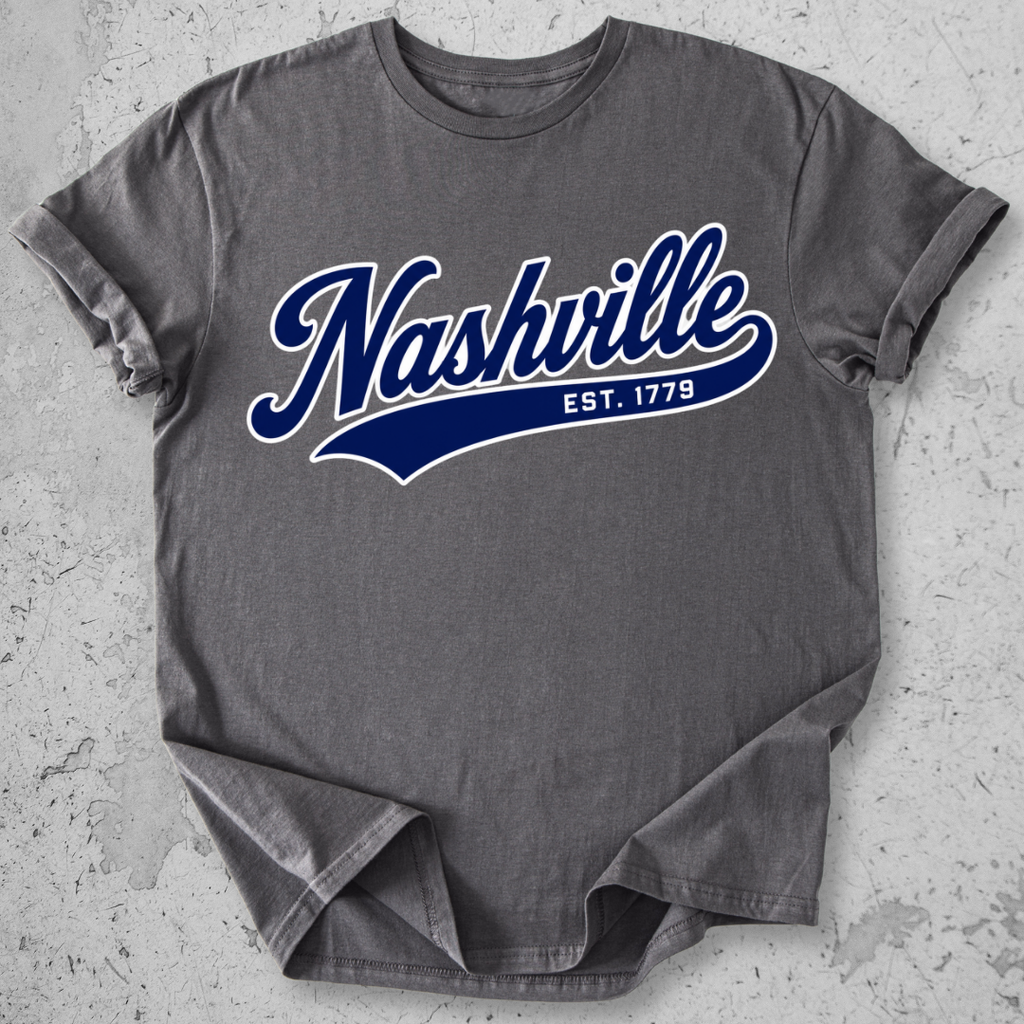 Nashville sporty t-shirt Charcoal l script Est 1779 collegiate graphic tee