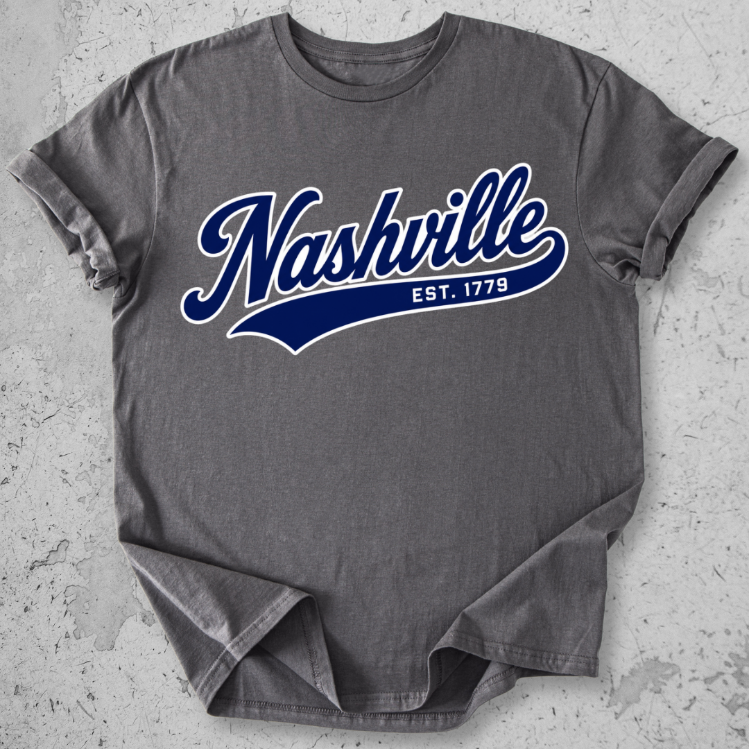 Nashville sporty t-shirt Charcoal l script Est 1779 collegiate graphic tee