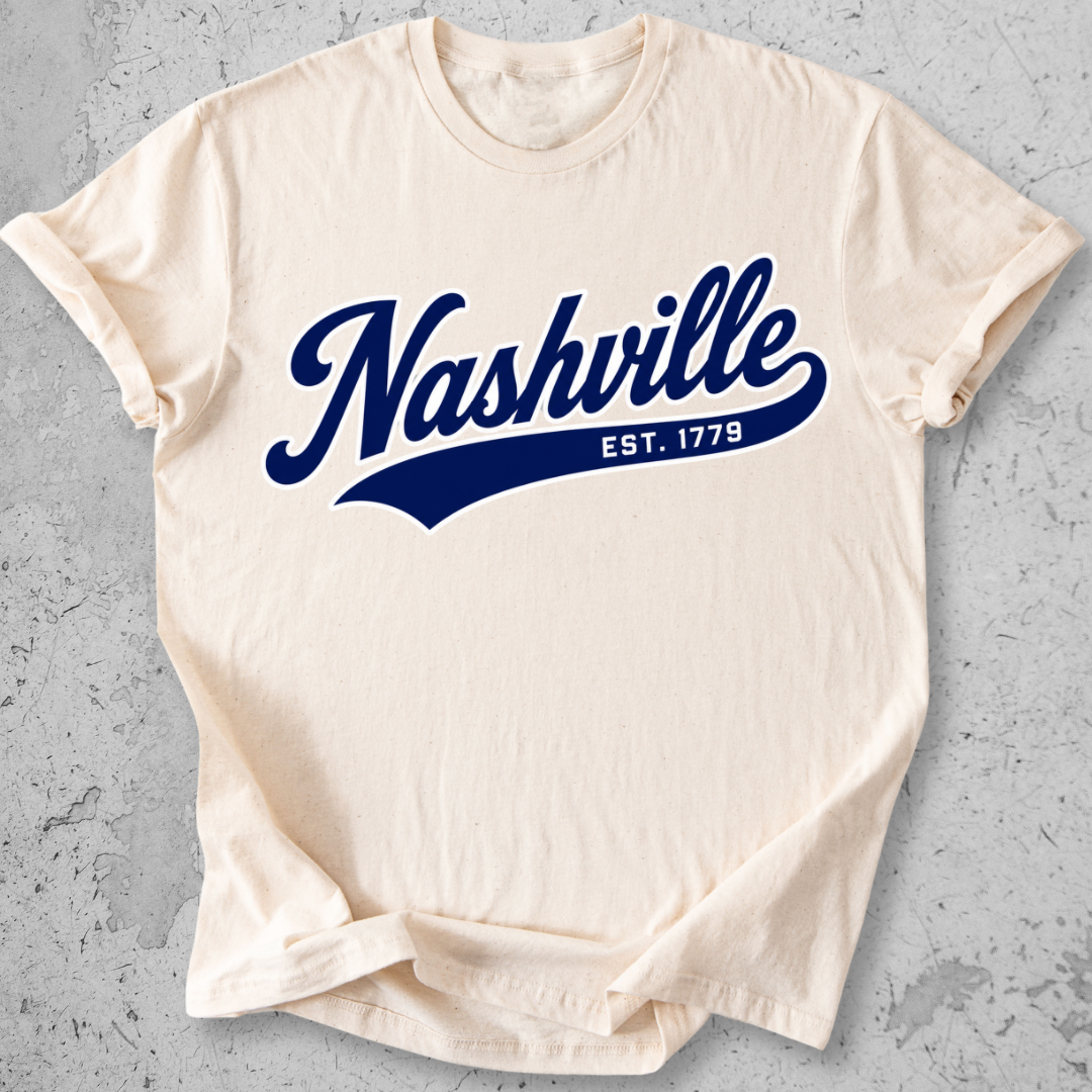 Nashville sporty t-shirt Natural script Est 1779 collegiate graphic tee