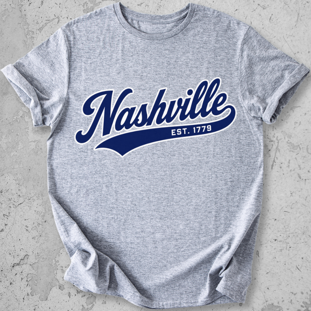 Nashville sporty t-shirt light grey script Est 1779 collegiate graphic tee