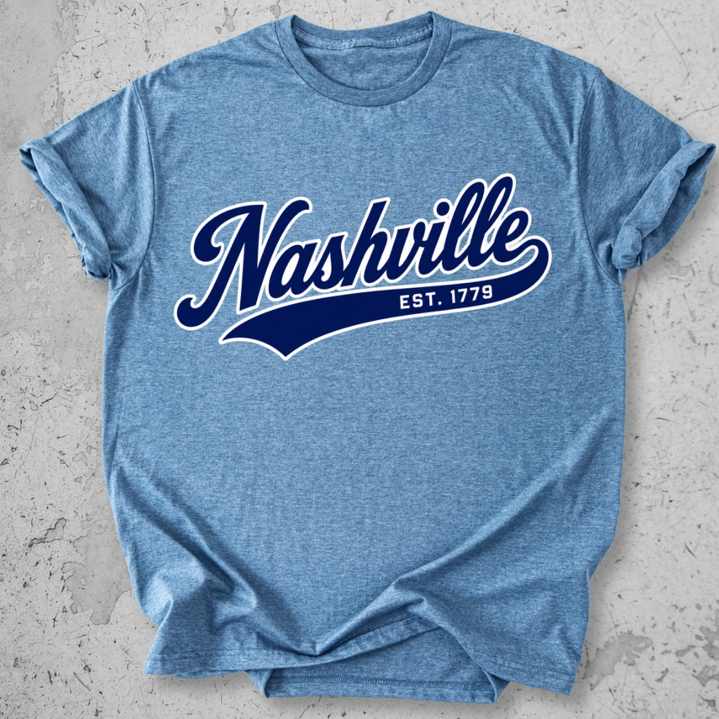 Nashville sporty t-shirt heather blue script Est 1779 collegiate graphic tee