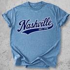 Nashville sporty t-shirt heather blue script Est 1779 collegiate graphic tee