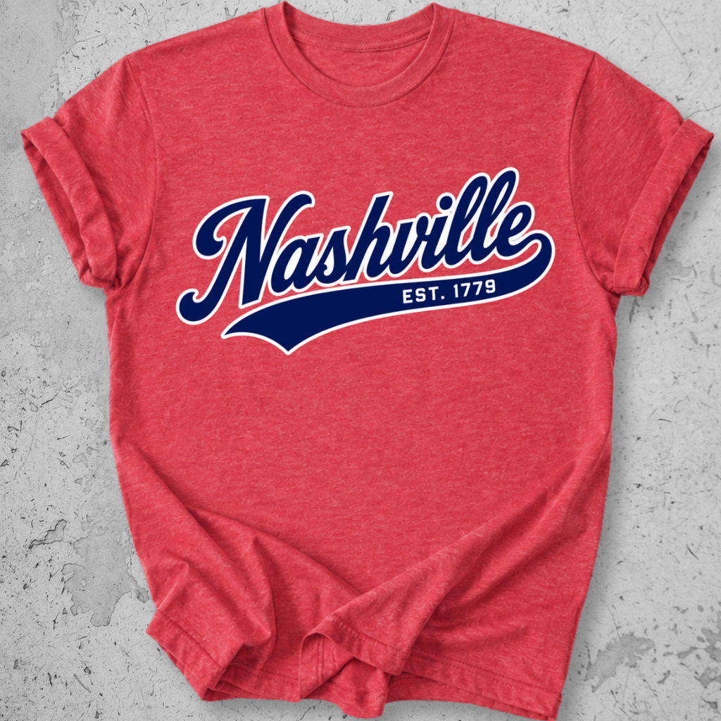 Nashville sporty t-shirt heather red script Est 1779 collegiate graphic tee