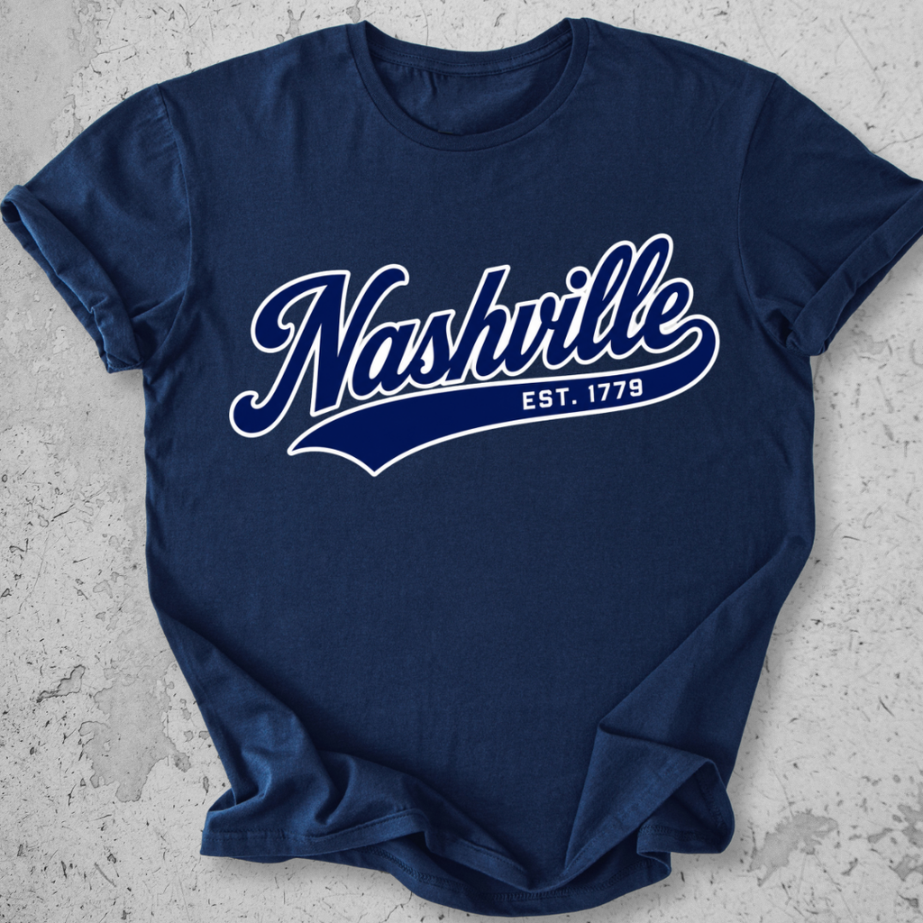 Nashville sporty t-shirt navy script Est 1779 collegiate graphic tee
