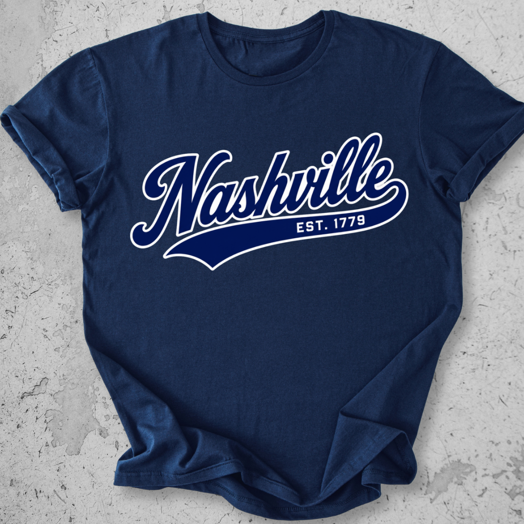 Nashville sporty t-shirt navy script Est 1779 collegiate graphic tee