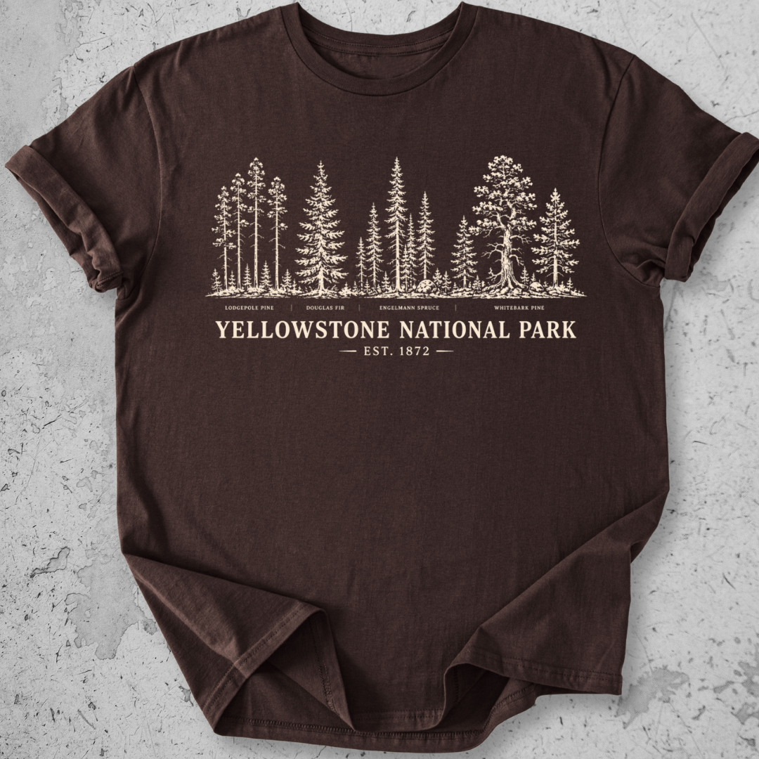 Yellowstone National Park vintage tree species botanical t-shirt in Expresso