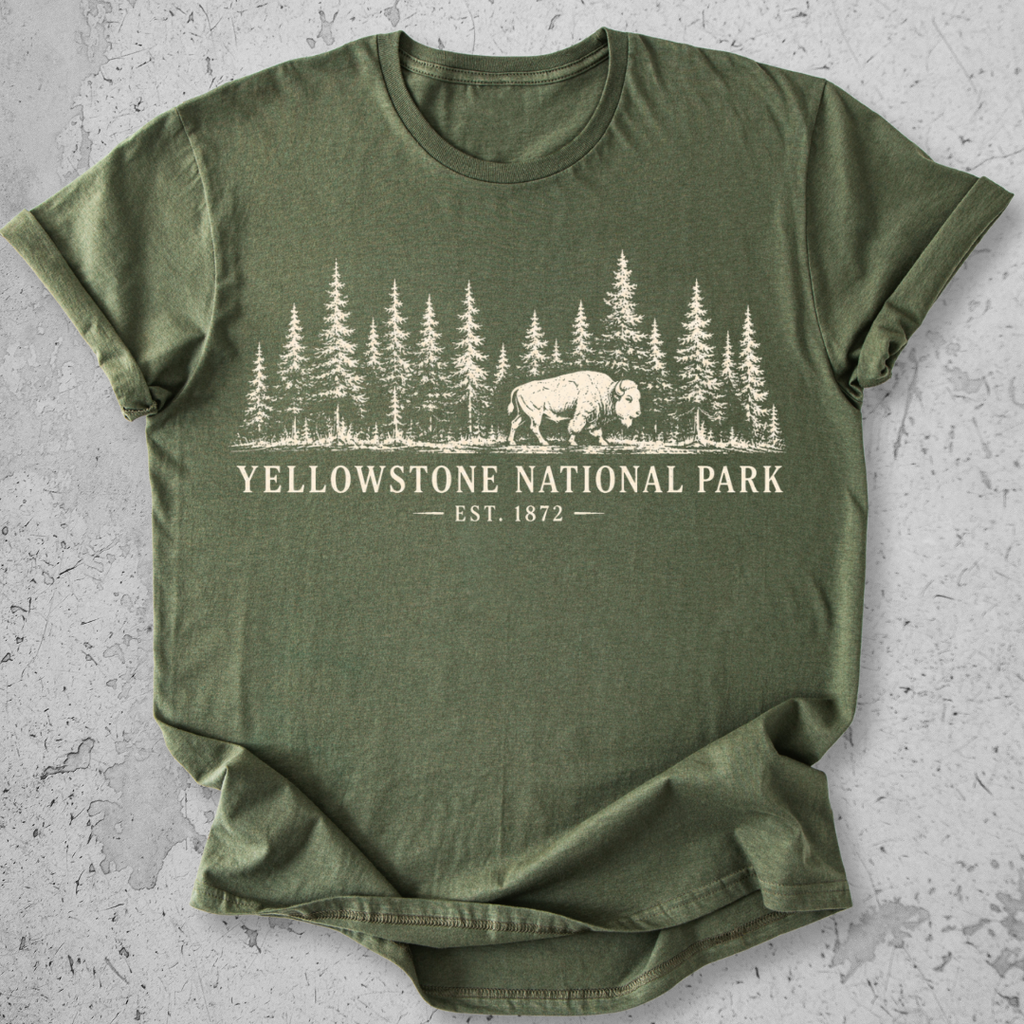 Yellowstone National Park vintage bison wildlife t-shirt in Military Green 