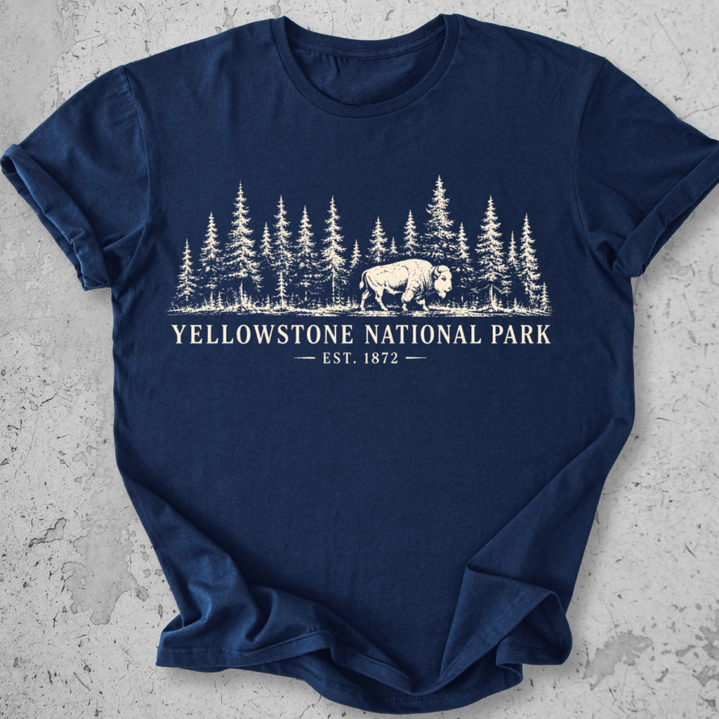 Yellowstone National Park vintage bison wildlife t-shirt in Navy Blue 