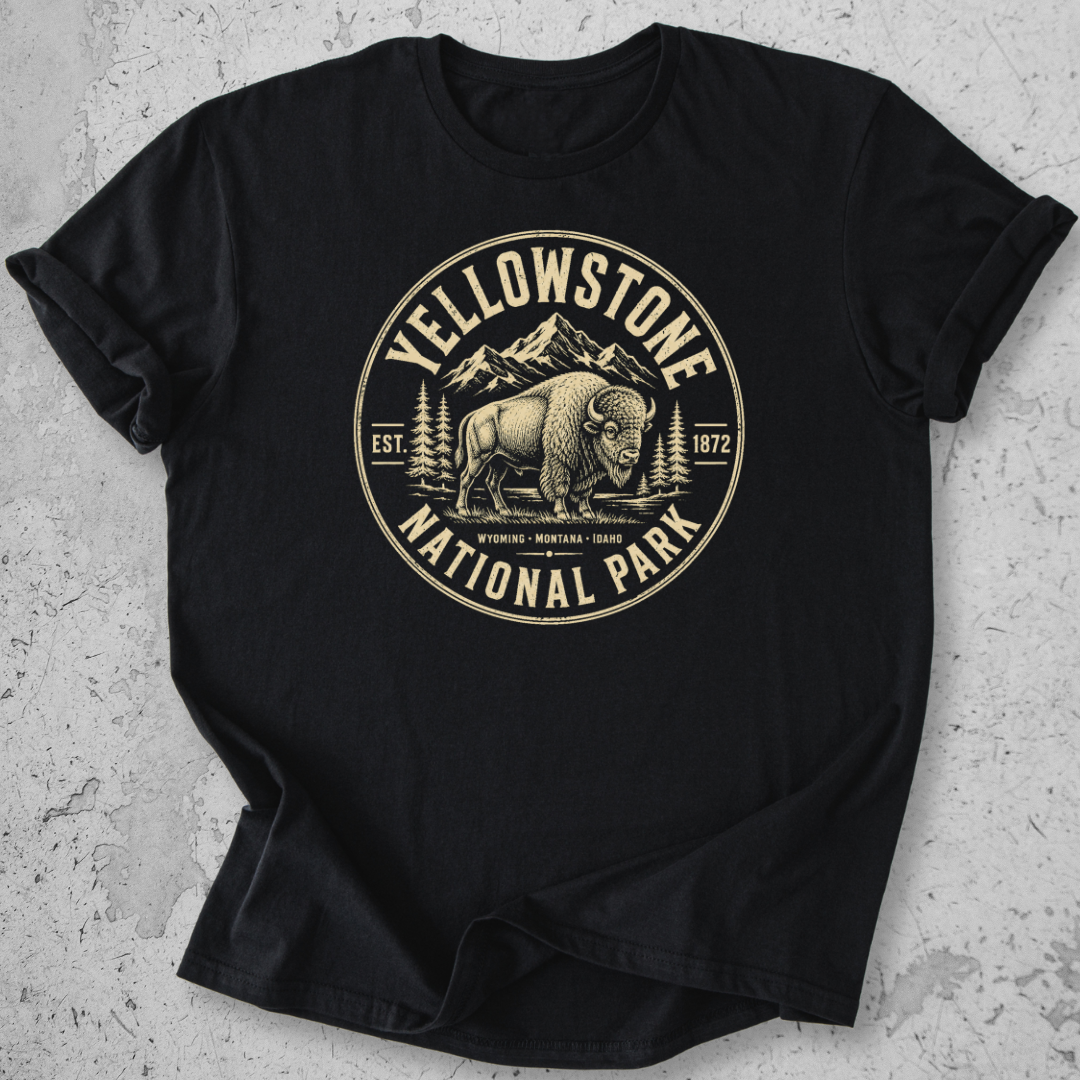 Yellowstone National Park bison medallion t-shirt Black gold badge Wyoming Montana Idaho graphic tee
