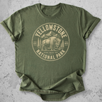 Yellowstone National Park bison medallion t-shirt Green gold badge Wyoming Montana Idaho graphic tee
