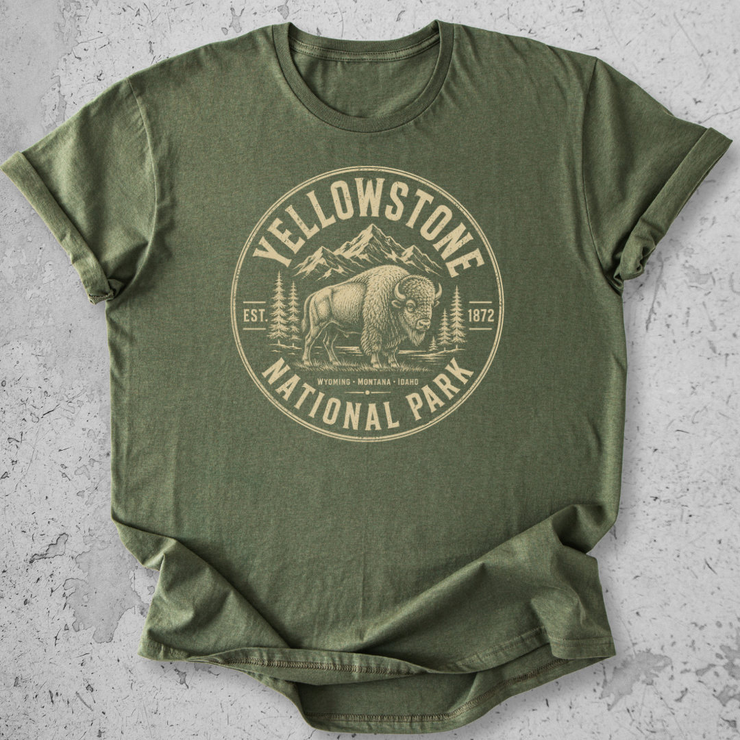 Yellowstone National Park bison medallion t-shirt Green gold badge Wyoming Montana Idaho graphic tee