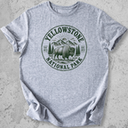 Yellowstone National Park bison medallion t-shirt Grey gold badge Wyoming Montana Idaho graphic tee