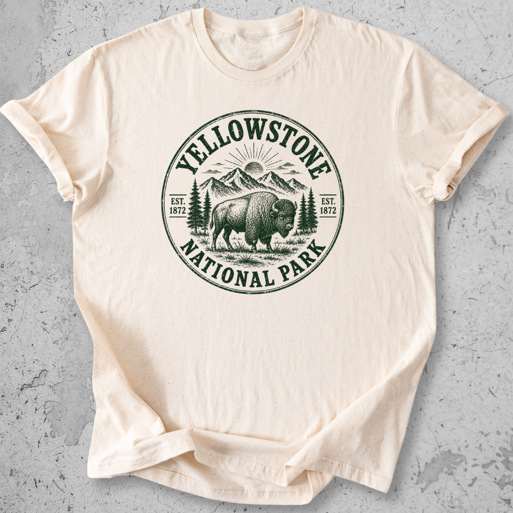 Yellowstone National Park bison medallion t-shirt Natural  gold badge Wyoming Montana Idaho graphic tee