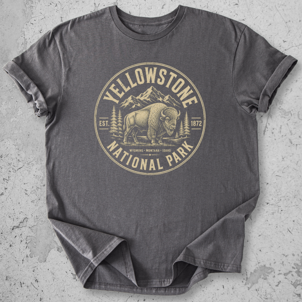 Yellowstone National Park bison medallion t-shirt charcoal gold badge Wyoming Montana Idaho graphic tee