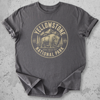Yellowstone National Park bison medallion t-shirt charcoal gold badge Wyoming Montana Idaho graphic tee