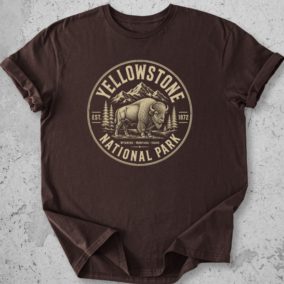 Yellowstone National Park bison medallion t-shirt expresso gold badge Wyoming Montana Idaho graphic tee
