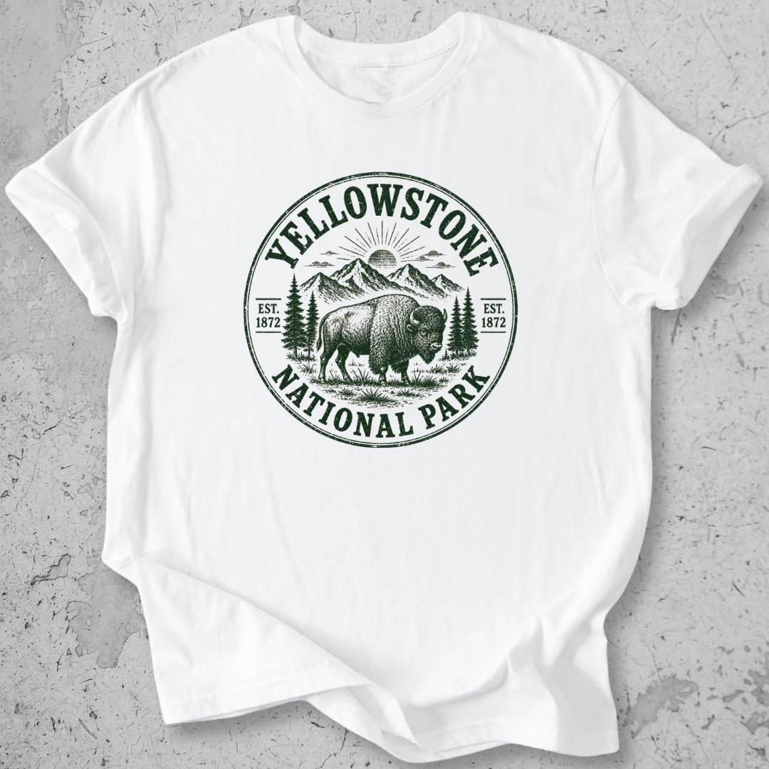 Yellowstone National Park bison medallion t-shirt white gold badge Wyoming Montana Idaho graphic tee