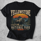 Yellowstone National Park bison retro sunset t-shirt Black mountain landscape Est 1872 graphic tee