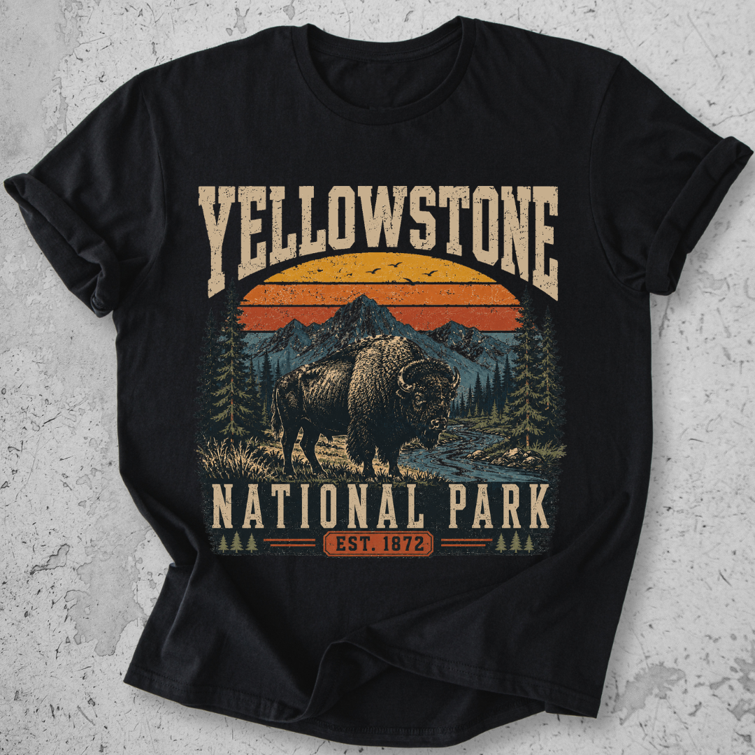 Yellowstone National Park bison retro sunset t-shirt Black mountain landscape Est 1872 graphic tee