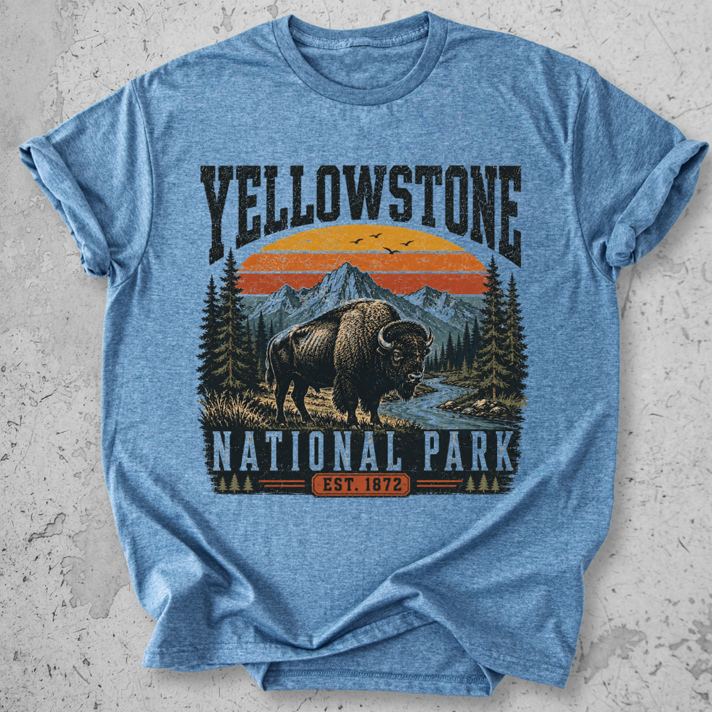 Yellowstone National Park bison retro sunset t-shirt Blue mountain landscape Est 1872 graphic tee