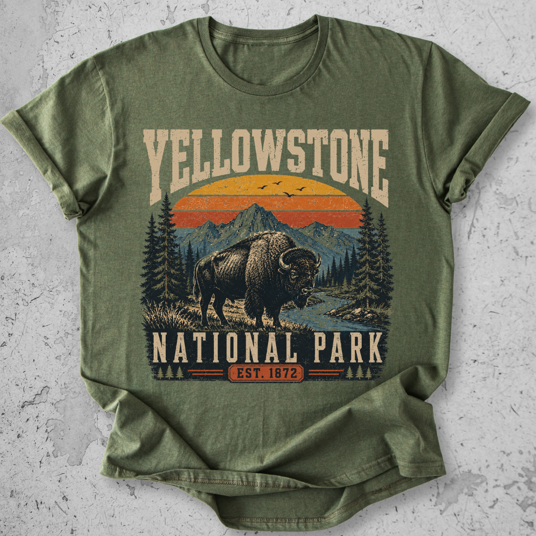 Yellowstone National Park bison retro sunset t-shirt Green mountain landscape Est 1872 graphic tee