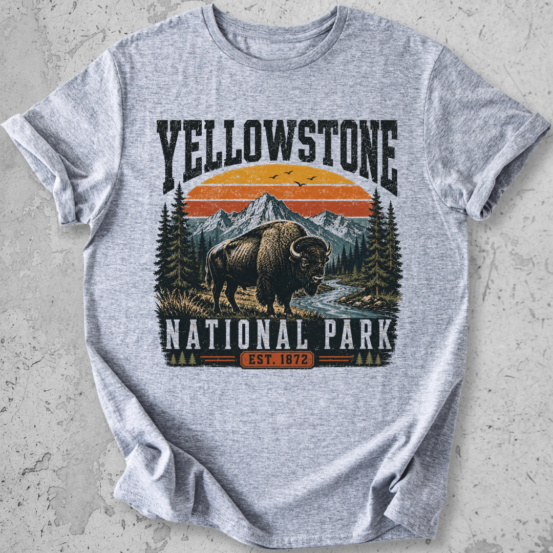 Yellowstone National Park bison retro sunset t-shirt Grey mountain landscape Est 1872 graphic tee