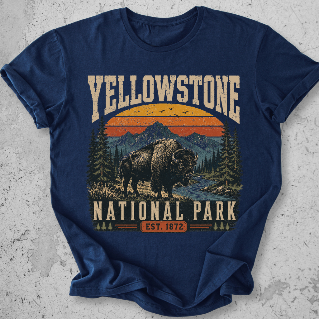 Yellowstone National Park bison retro sunset t-shirt Navy mountain landscape Est 1872 graphic tee