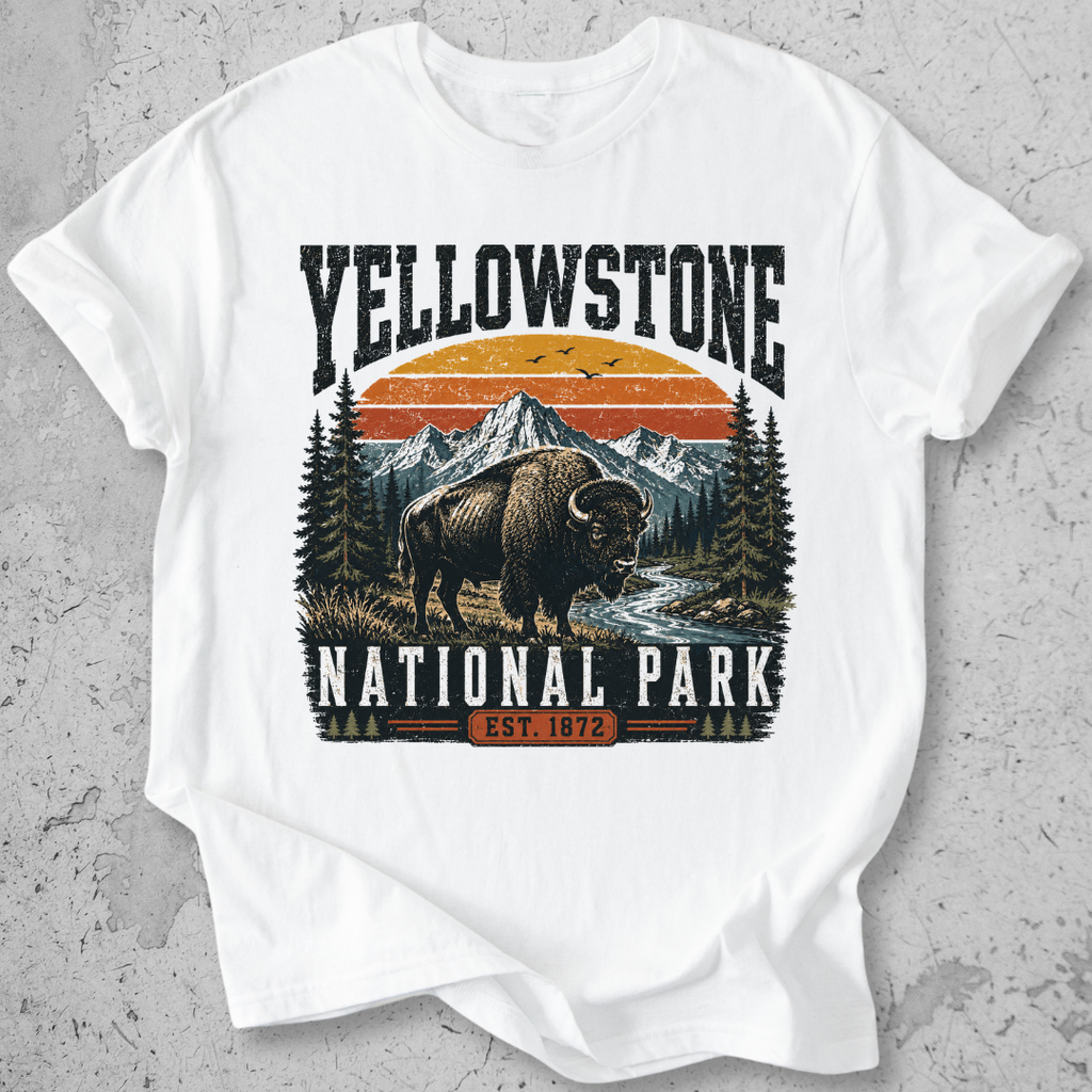 Yellowstone National Park bison retro sunset t-shirt White mountain landscape Est 1872 graphic tee