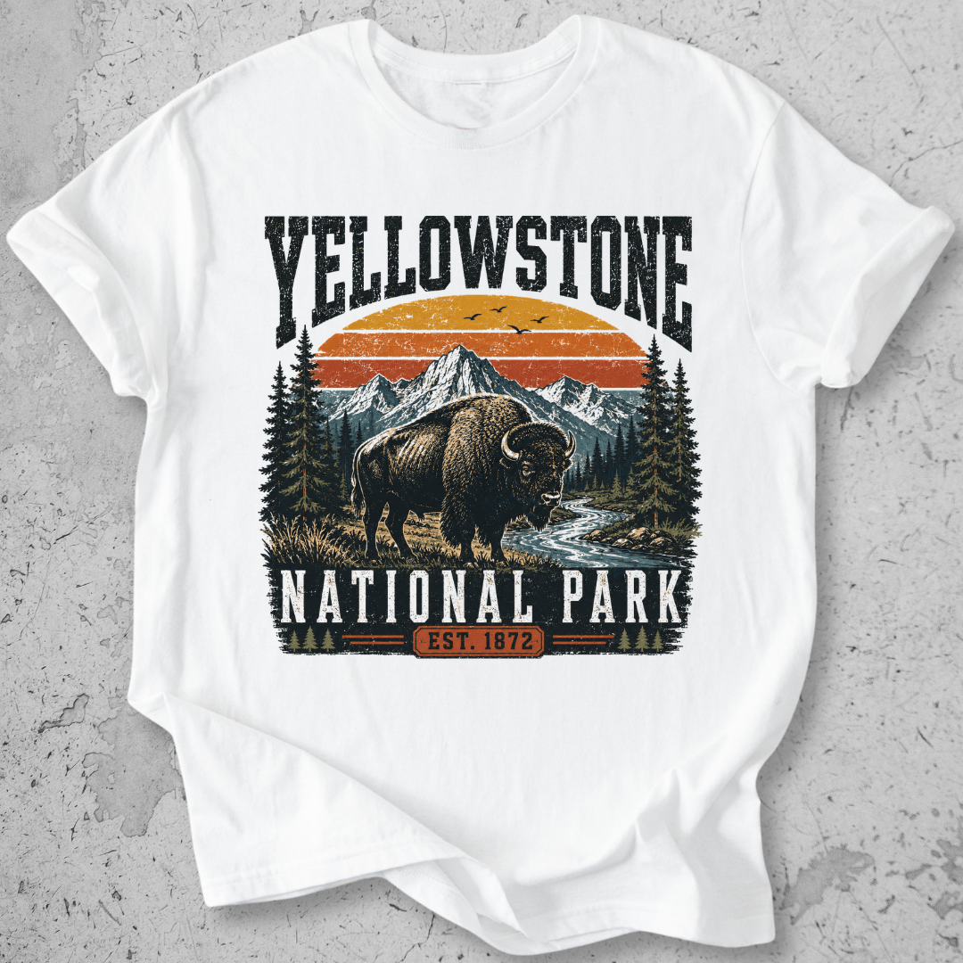 Yellowstone National Park bison retro sunset t-shirt White mountain landscape Est 1872 graphic tee