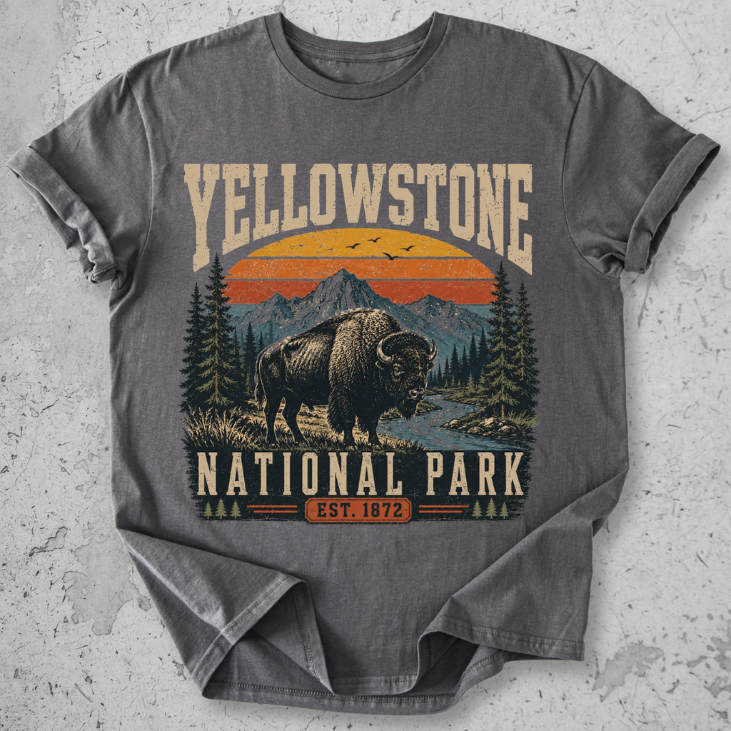 Yellowstone National Park bison retro sunset t-shirt dark grey mountain landscape Est 1872 graphic tee